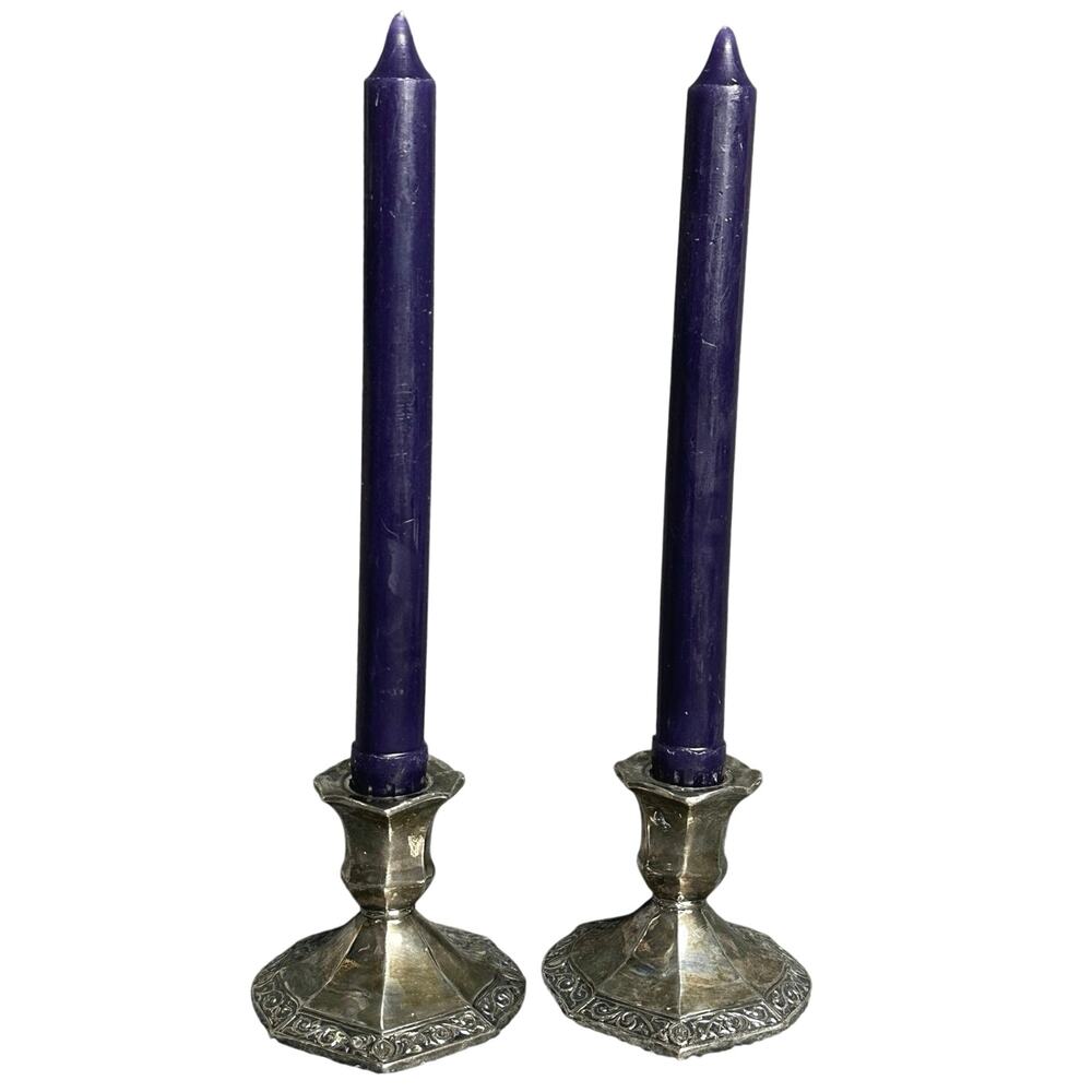 Vintage mid century silver plate octagonal candlesticks scroll embossed colonial